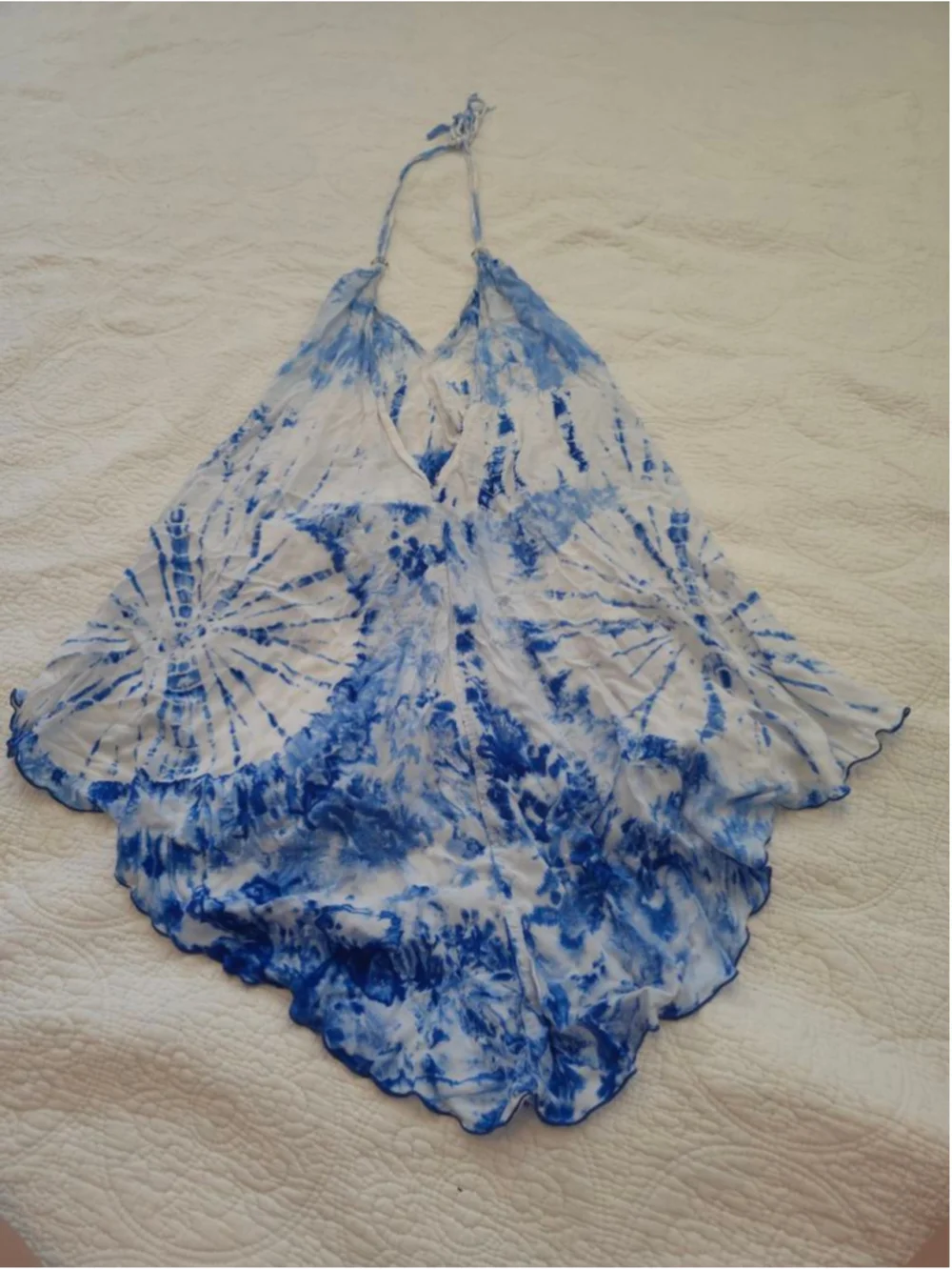 Made In Bali Blue White Tie-Dye Halter Coverup Dress One-size Asymmetrical Hem